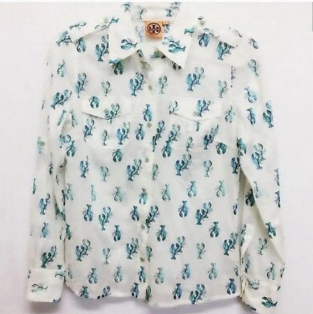 Tory Burch Aqua Blue Coastal Lobster Brigette Shirt Size 4